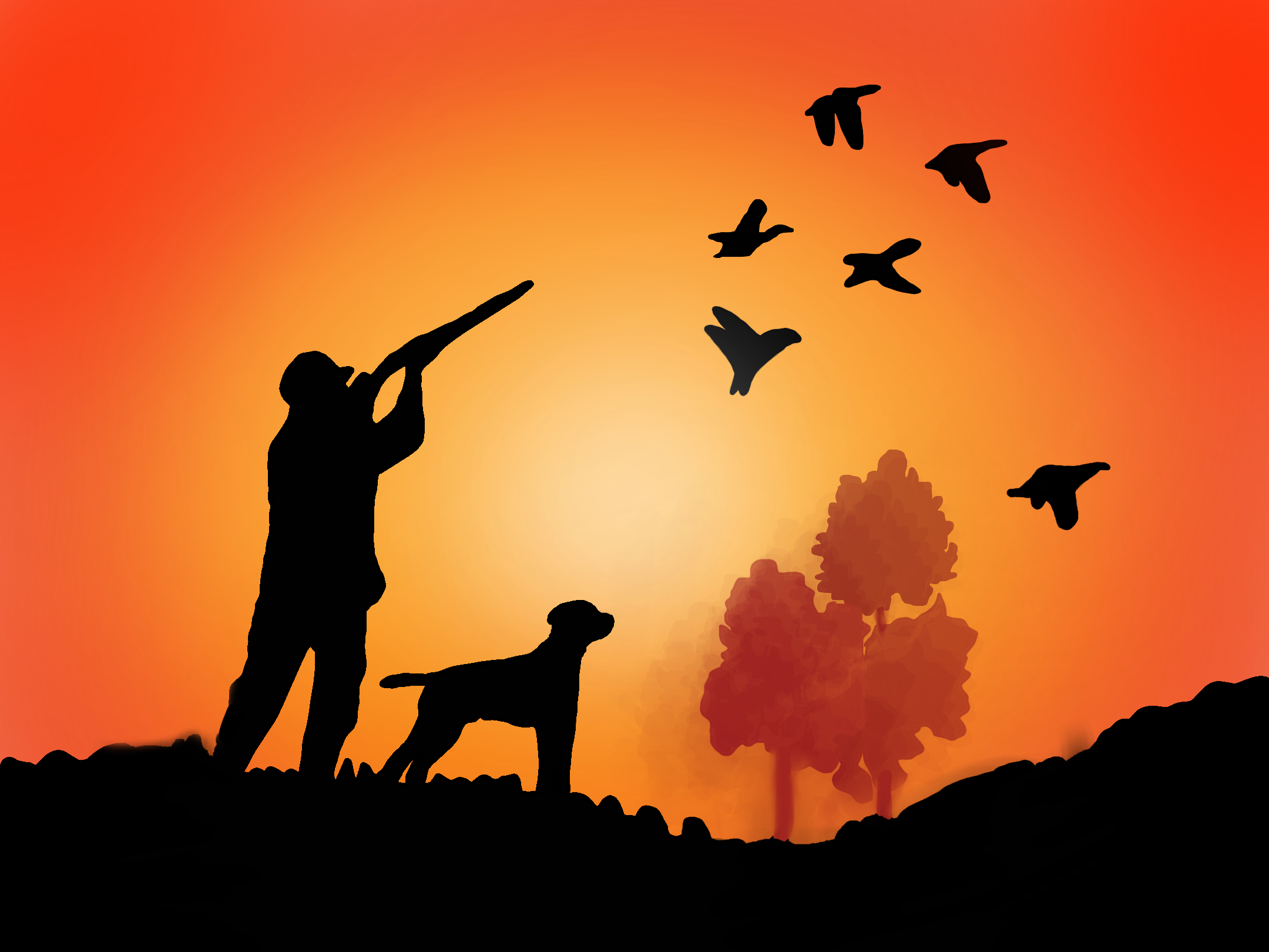 Silhouette of Man and his dog bird hunting in the sunset